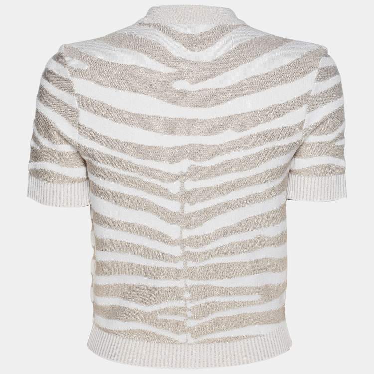 Pre Owned Balmain Metallic Beige Zebra Detail Stretch Knit Cardigan S