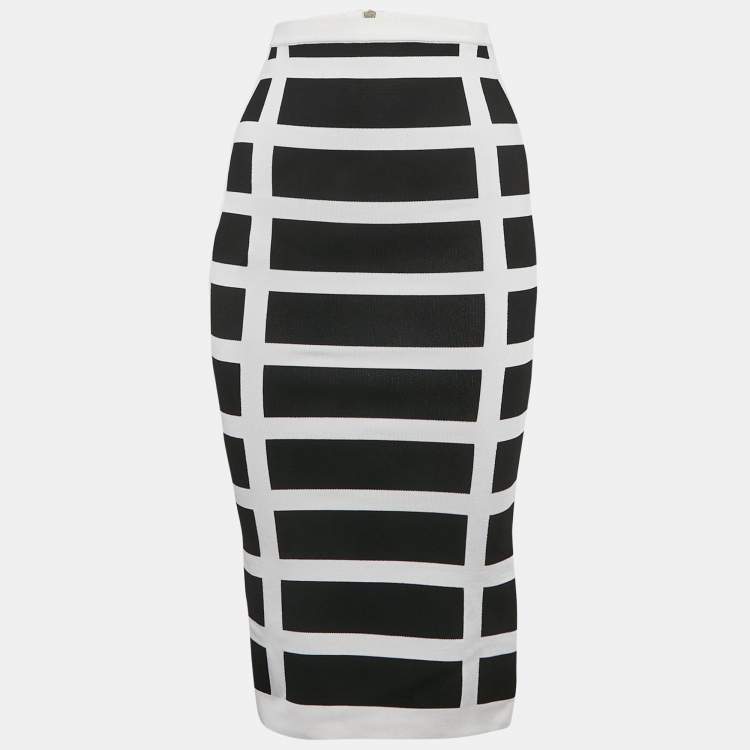 Pre Owned Balmain White/Black Intarsia Knit Zip-Up Pencil Midi Skirt S