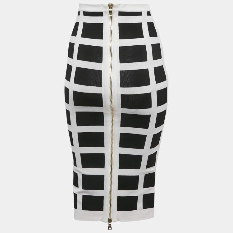 Pre Owned Balmain White/Black Intarsia Knit Zip-Up Pencil Midi Skirt S