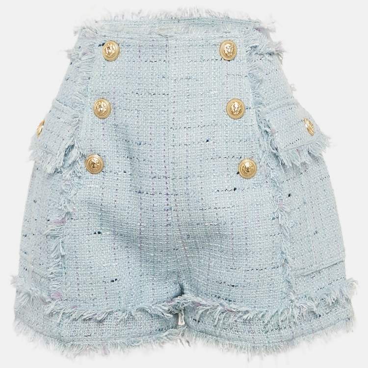 Pre Owned Balmain Blue Tweed Button Detail Fringed Shorts M