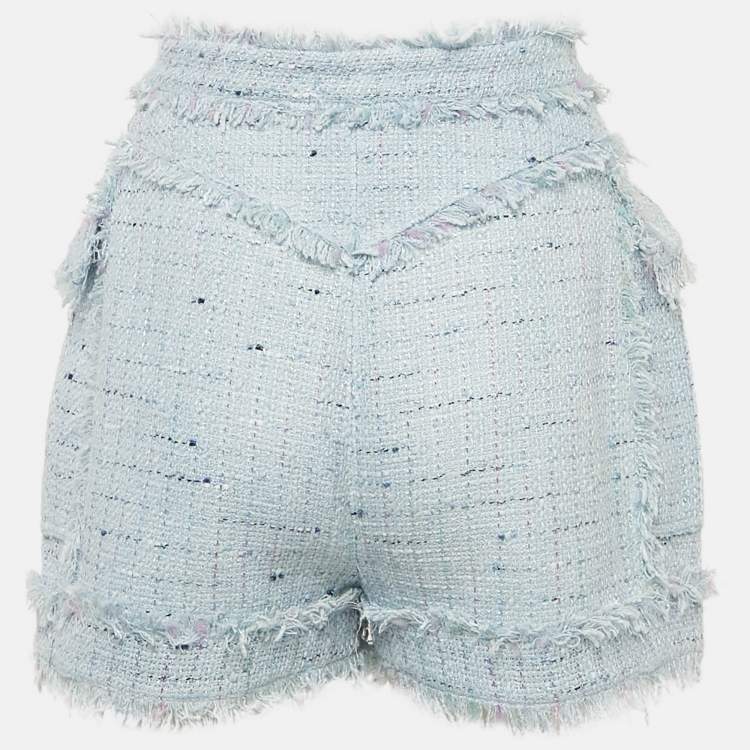 Pre Owned Balmain Blue Tweed Button Detail Fringed Shorts M