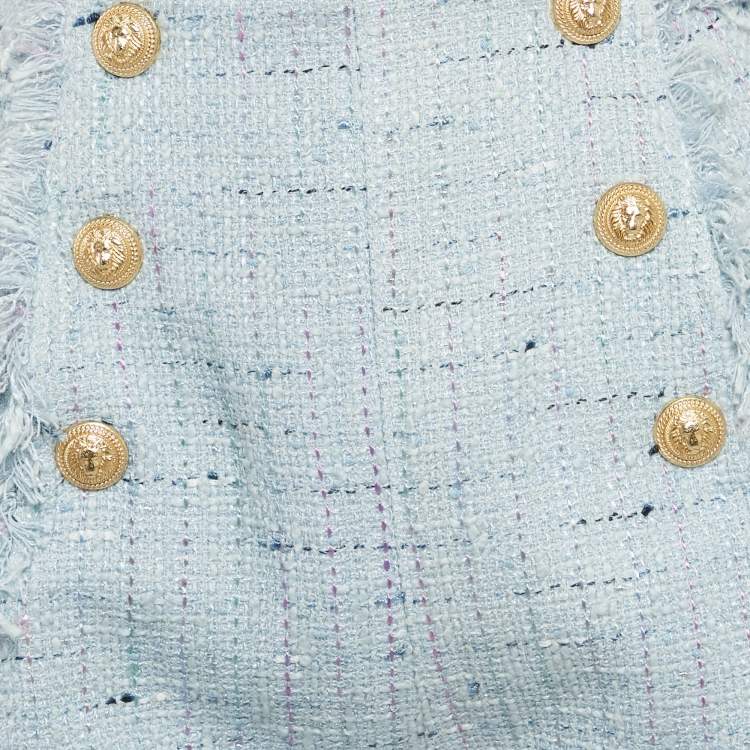 Pre Owned Balmain Blue Tweed Button Detail Fringed Shorts M