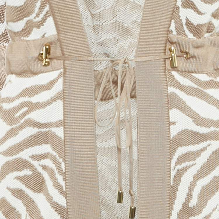 Pre Owned Balmain Beige/White Zebra Pattern Jacquard Knit Drawstring Detail Cardigan S