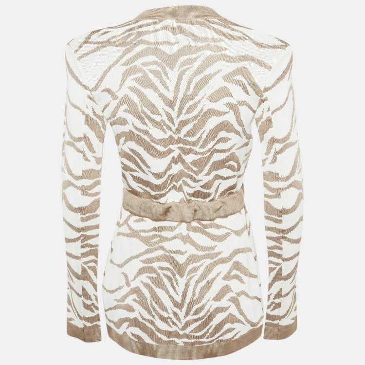 Pre Owned Balmain Beige/White Zebra Pattern Jacquard Knit Drawstring Detail Cardigan S