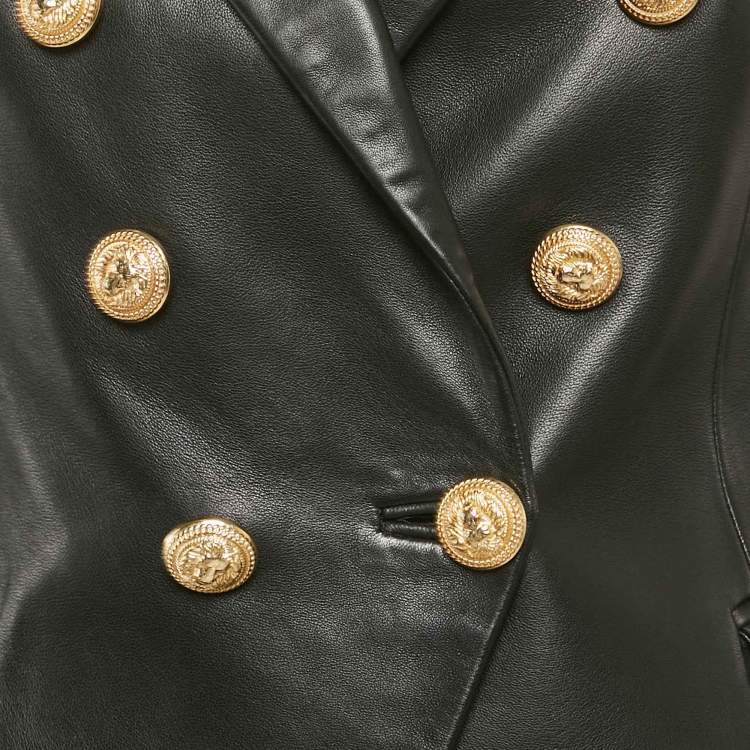 Pre Owned Balmain Black Leather Double Breasted Jacket M