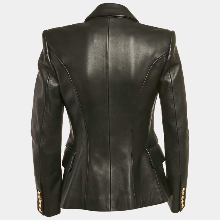 Pre Owned Balmain Black Leather Double Breasted Jacket M