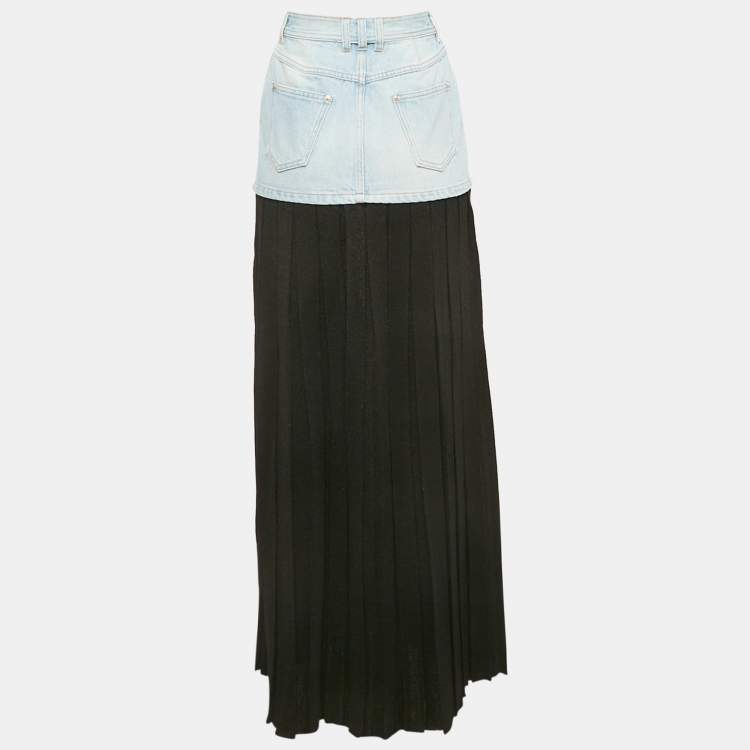 Pre Owned Balmain Blue/Black Denim and Lurex Knit Pleated Maxi Skirt M