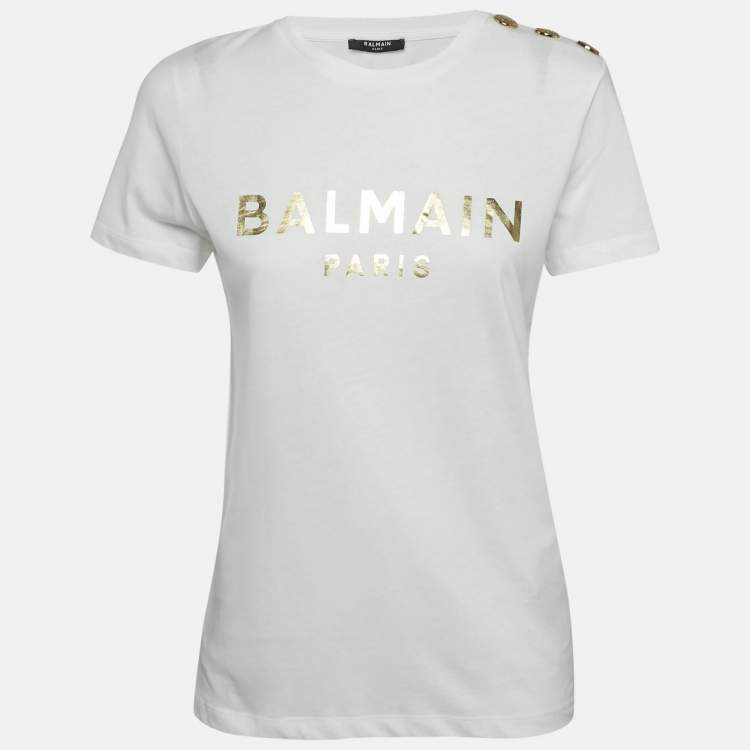 Pre Owned Balmain White Logo Print Cotton Button Detail T-Shirt XS