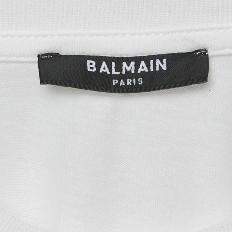 Pre Owned Balmain White Logo Print Cotton Button Detail T-Shirt XS