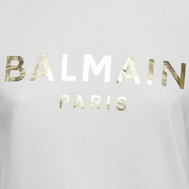 Pre Owned Balmain White Logo Print Cotton Button Detail T-Shirt XS