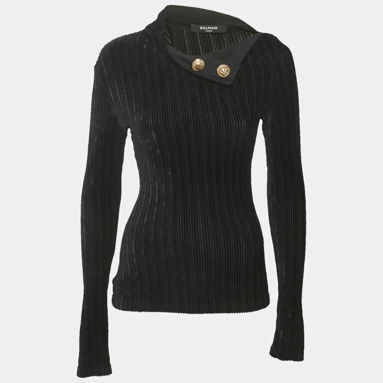 Pre Owned Balmain Black Velvet Rib Knit Pullover S
