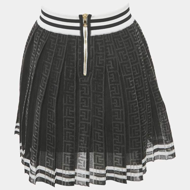 Pre Owned Balmain Black Monogram Mesh Pleated Mini Skirt S
