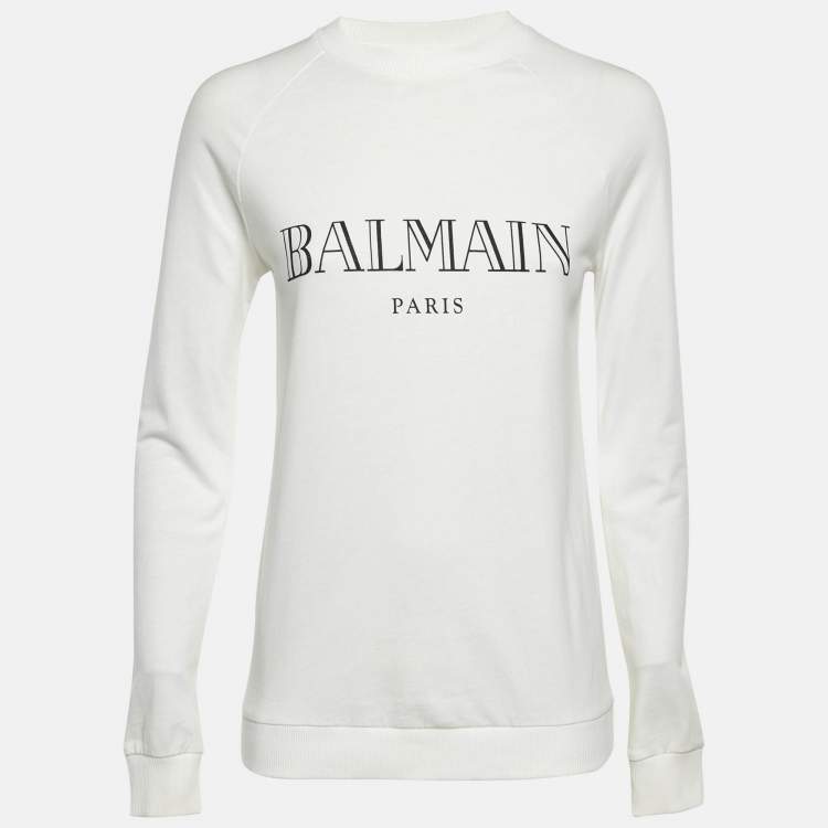 Pre Owned Balmain White Logo Print Cotton Crew Neck Sweatshirt S