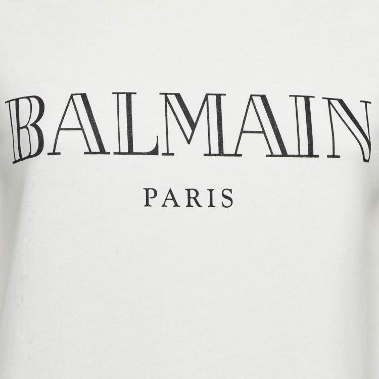 Pre Owned Balmain White Logo Print Cotton Crew Neck Sweatshirt S