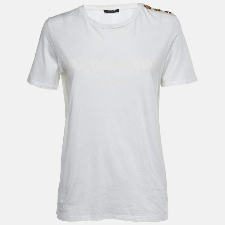 Pre Owned Balmain White Logo Print Cotton Button Detail T-Shirt M 