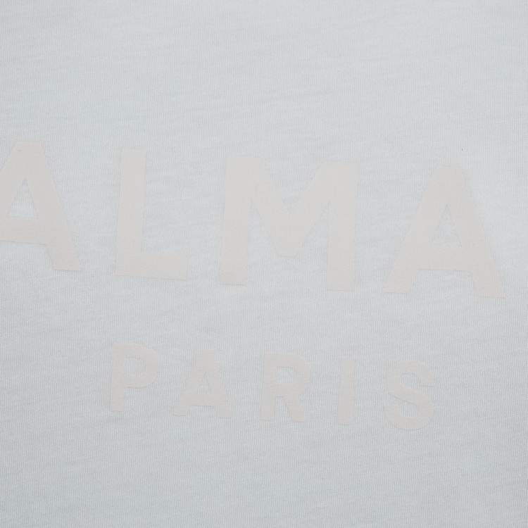 Pre Owned Balmain White Logo Print Cotton Button Detail T-Shirt M 