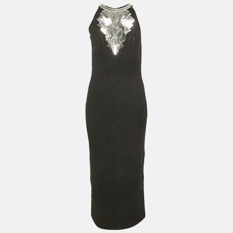 Pre Owned Balmain Black Sequin Embellished Knit Midi Dress L