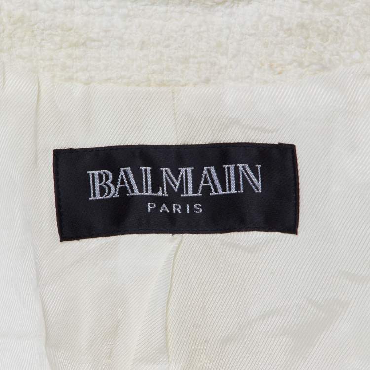 Pre Owned Balmain Ivory Tweed Chain & Bow Embellished Jacket L