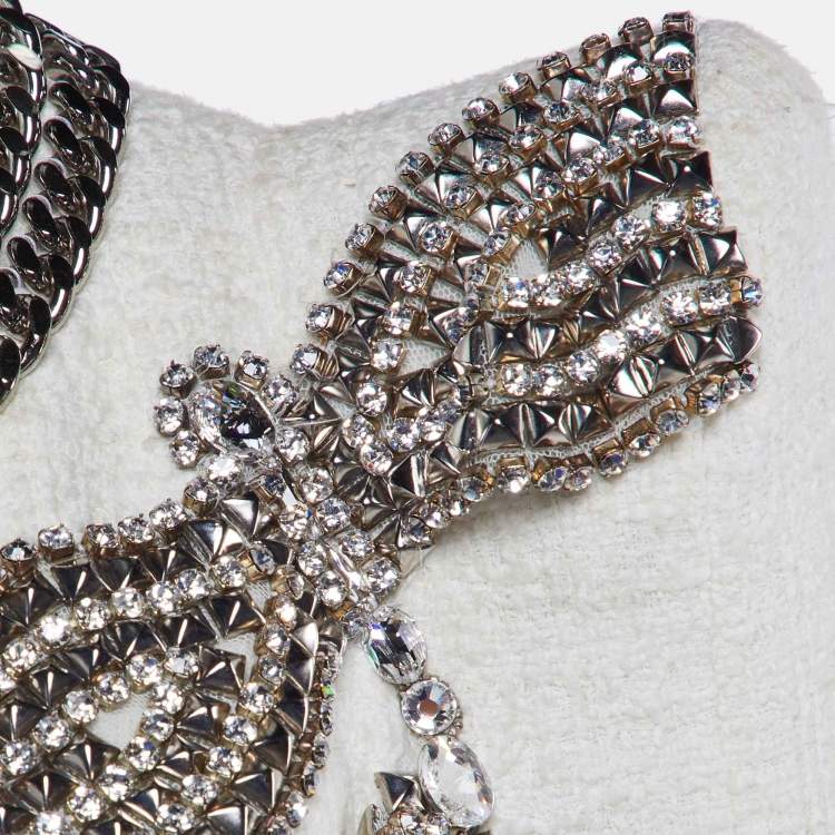 Pre Owned Balmain Ivory Tweed Chain & Bow Embellished Jacket L