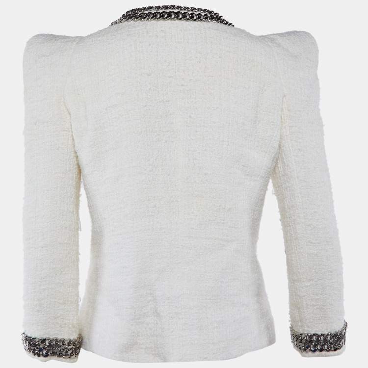 Pre Owned Balmain Ivory Tweed Chain & Bow Embellished Jacket L
