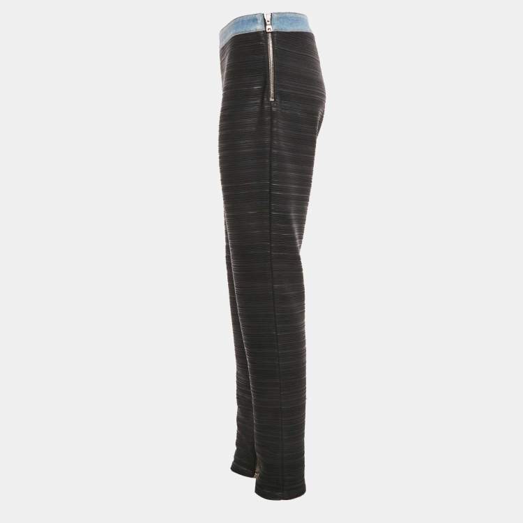 Pre Owned Balmain Black Denim Waist Trim Stretch Crepe Pleated Pants L