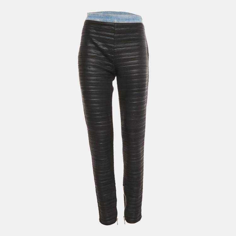 Pre Owned Balmain Black Denim Waist Trim Stretch Crepe Pleated Pants L