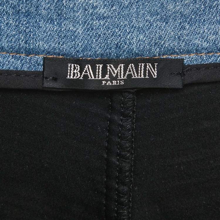 Pre Owned Balmain Black Denim Waist Trim Stretch Crepe Pleated Pants L