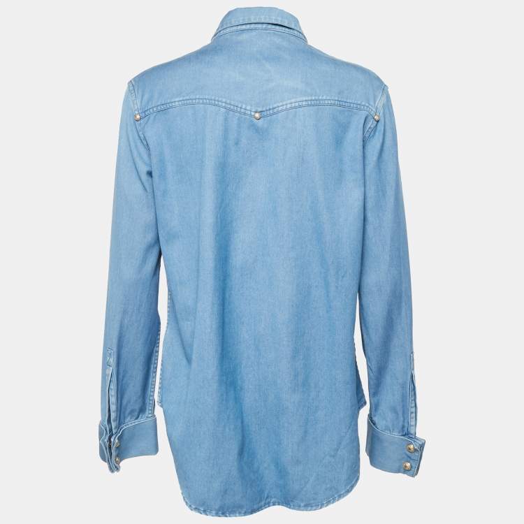 Pre Owned Balmain Blue Denim Gold Button Detail Long Sleeve Shirt L