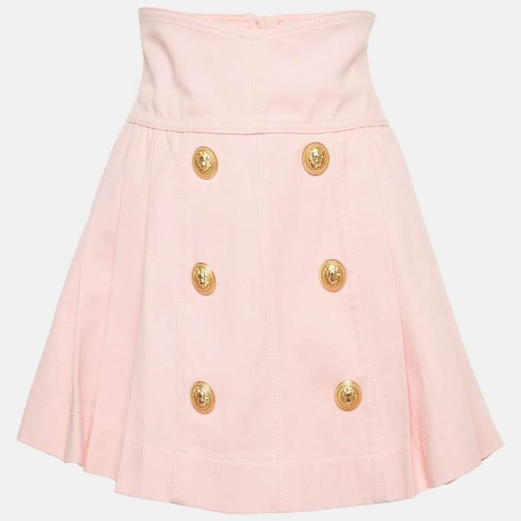 Pre Owned Balmain Pink Denim Applique Detail Pleated Mini Skirt S