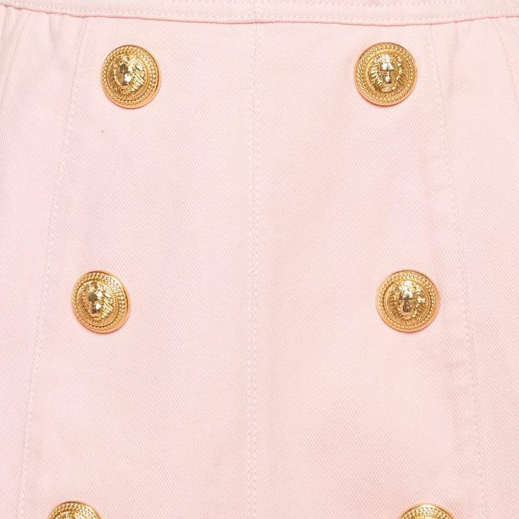 Pre Owned Balmain Pink Denim Applique Detail Pleated Mini Skirt S