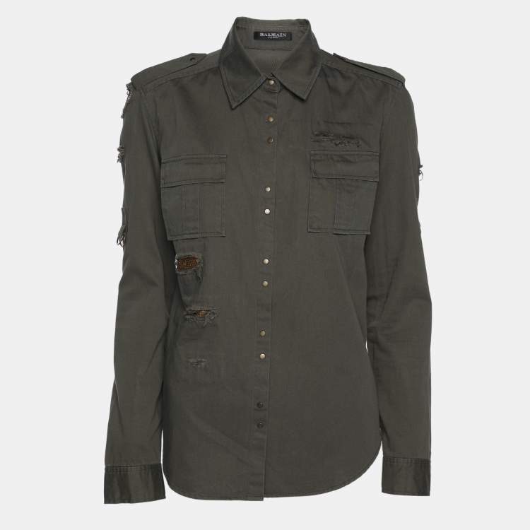 Pre Owned Balmain Dark Green Cotton Distressed Embellished Button Front Military Shirt M