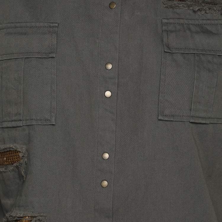Pre Owned Balmain Dark Green Cotton Distressed Embellished Button Front Military Shirt M