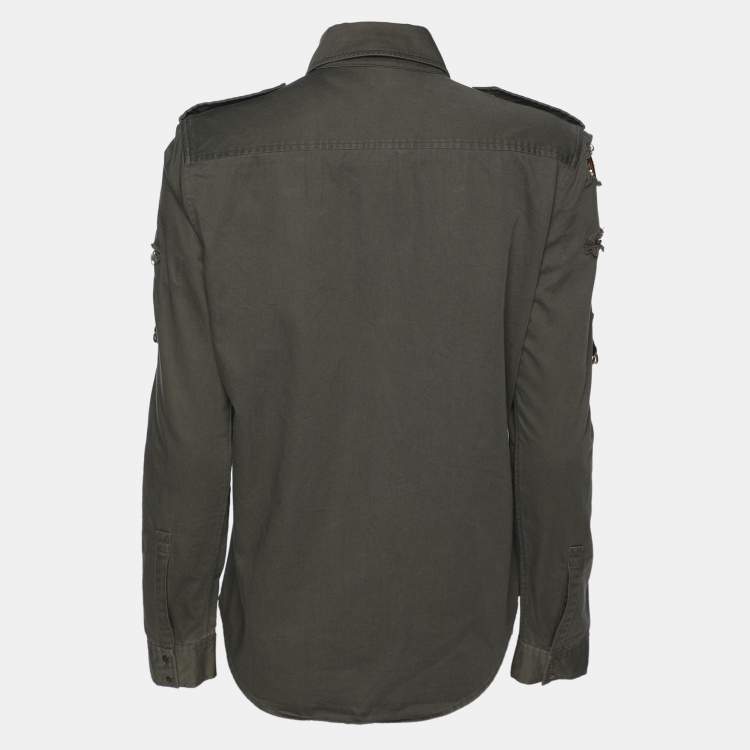 Pre Owned Balmain Dark Green Cotton Distressed Embellished Button Front Military Shirt M