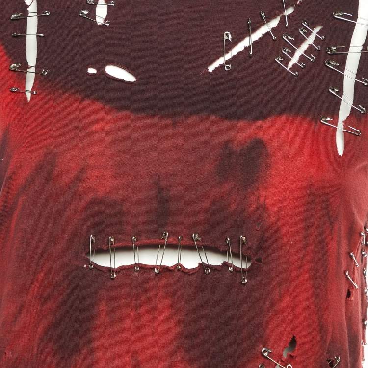Pre Owned Balmain Red & Burgundy Cotton Pin Detail Sleeveless T-Shirt S