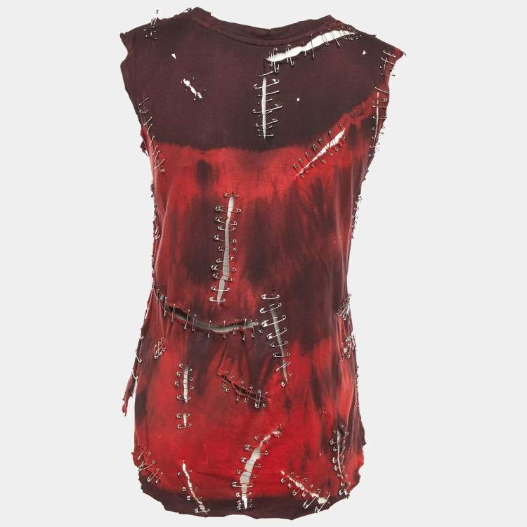 Pre Owned Balmain Red & Burgundy Cotton Pin Detail Sleeveless T-Shirt S
