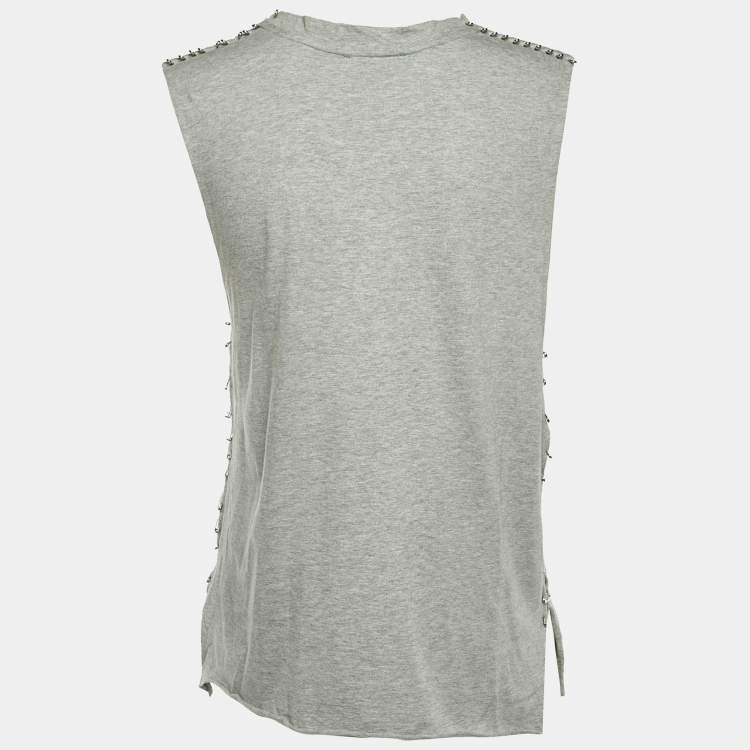 Pre Owned Balmain Grey Printed Cotton Knit Pin Detail T-Shirt M