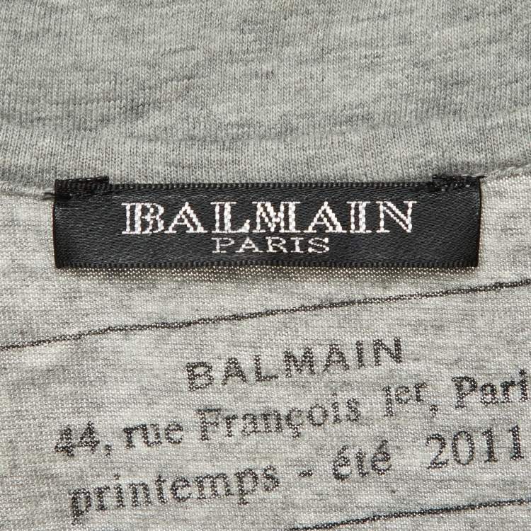 Pre Owned Balmain Grey Printed Cotton Knit Pin Detail T-Shirt M