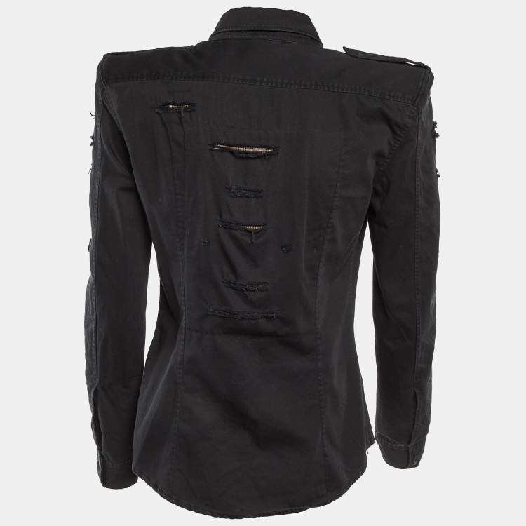 Pre Owned Balmain Black Cotton Distressed Button Front Shirt M