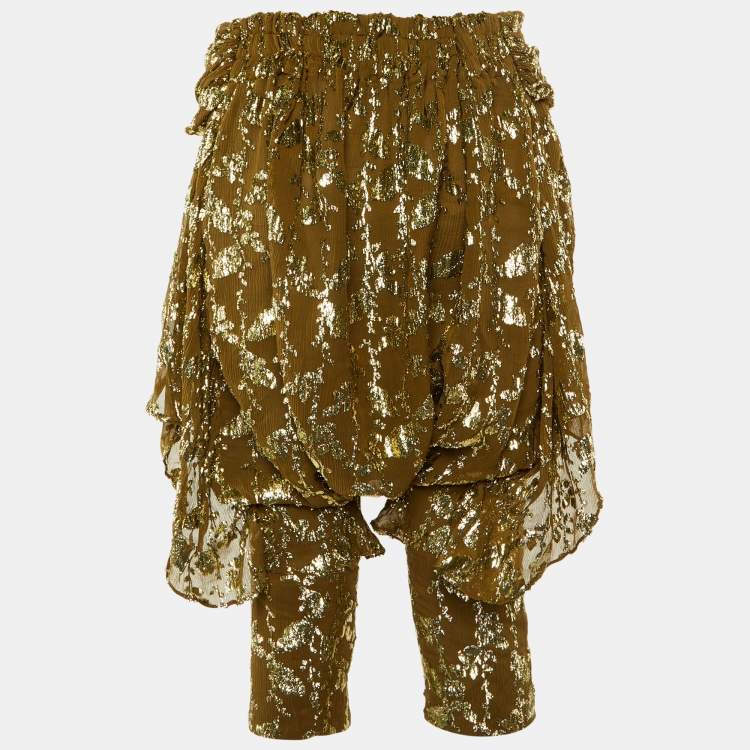 Pre Owned Balmain Olive Green Textured Lurex Chiffon Harem Pants M