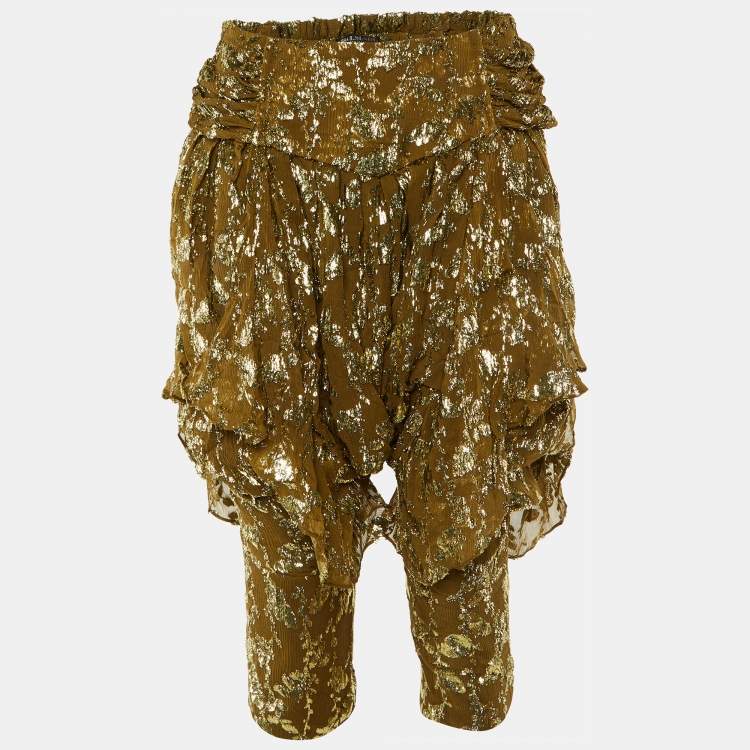 Pre Owned Balmain Olive Green Textured Lurex Chiffon Harem Pants M