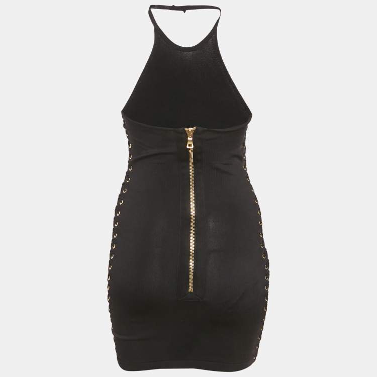 Pre Owned Balmain Black Knit Lace-Up Detail Halter Neck Mini Dress XS