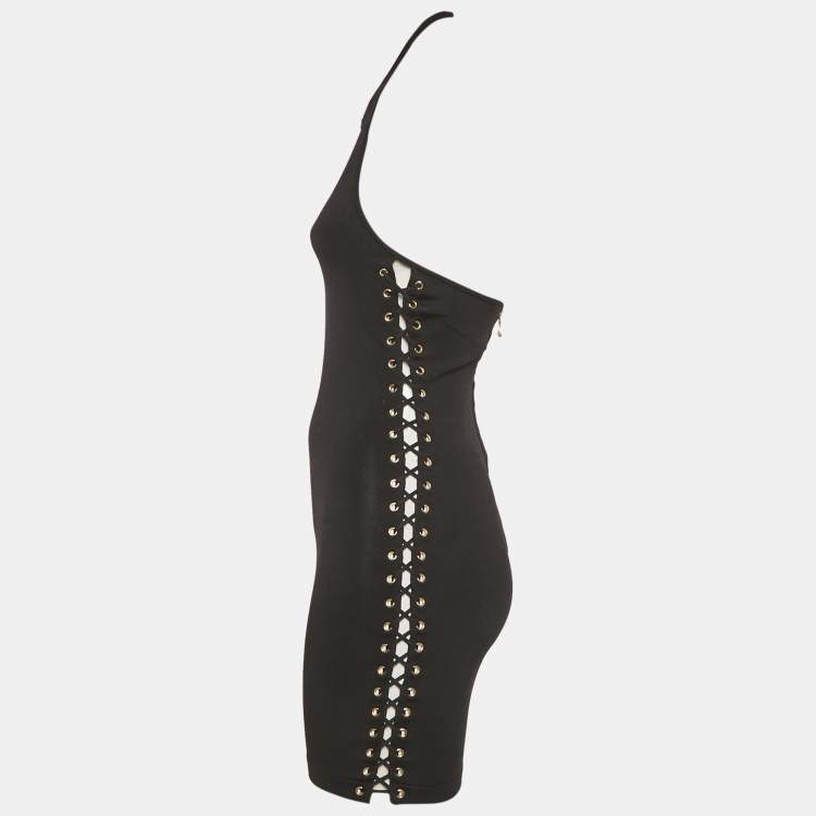 Pre Owned Balmain Black Knit Lace-Up Detail Halter Neck Mini Dress XS