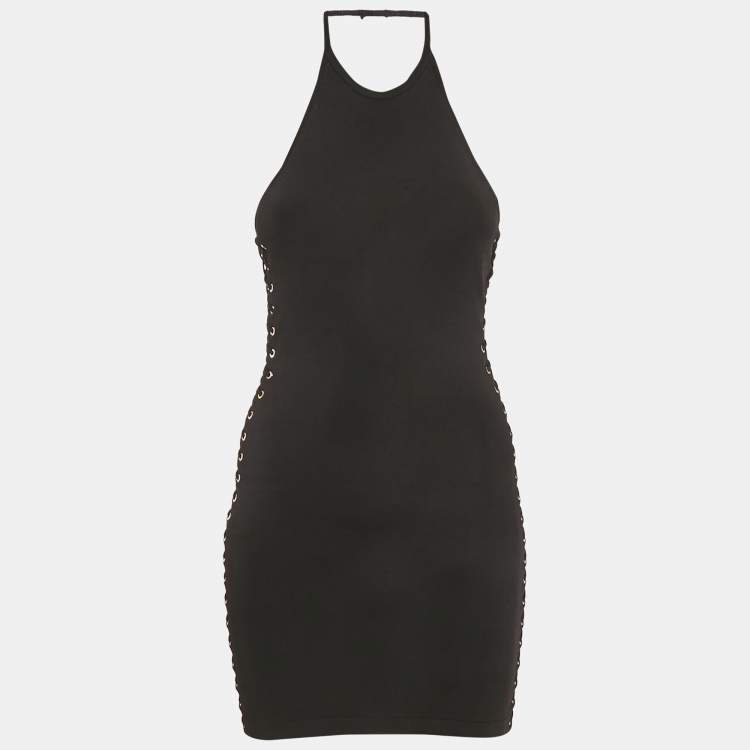 Pre Owned Balmain Black Knit Lace-Up Detail Halter Neck Mini Dress XS
