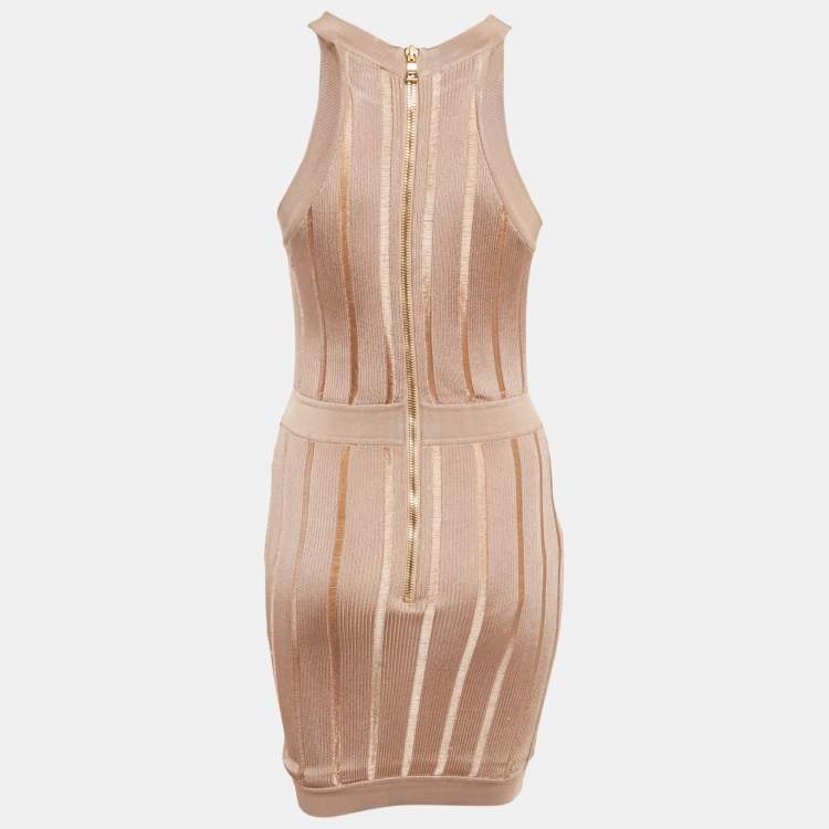 Pre Owned Balmain Dark Beige Stretch Knit Sleeveless Bodycon Mini Dress S