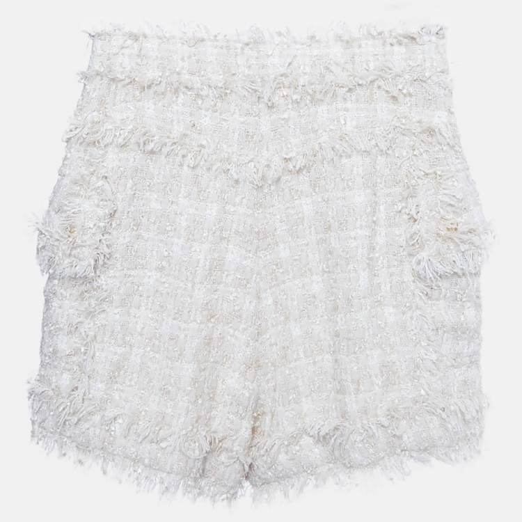 Pre Owned Balmain Cream Tweed Raw Edge Detail Shorts S