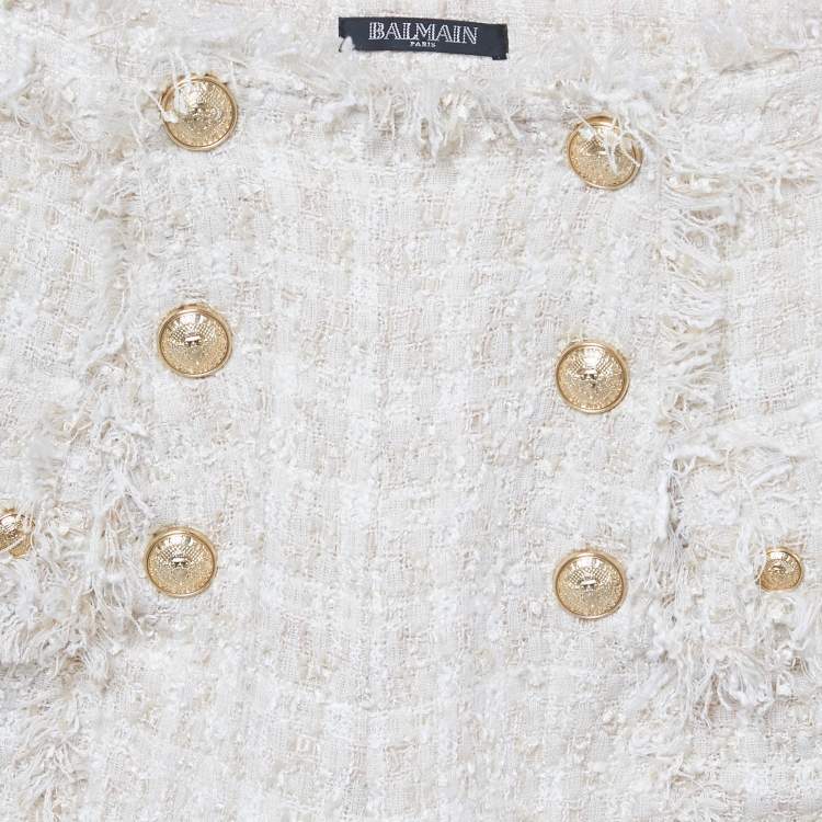 Pre Owned Balmain Cream Tweed Raw Edge Detail Shorts S