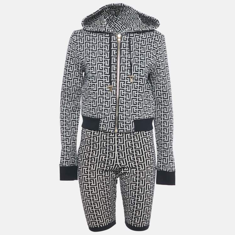 Pre Owned Balmain Monochrome Monogram Jersey Jacket and Shorts Set S/M