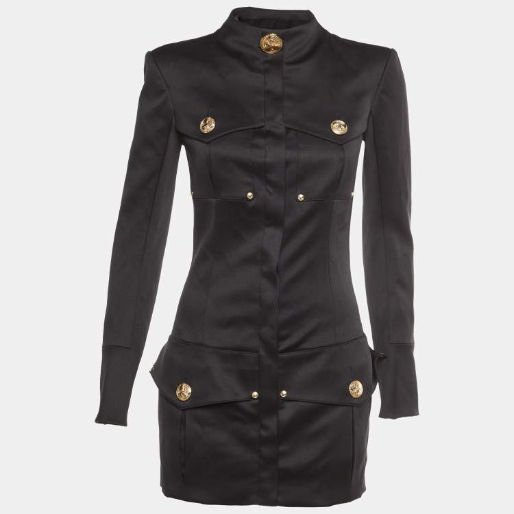 Pre Owned Balmain Black Wool Button Front Mid Length Coat S