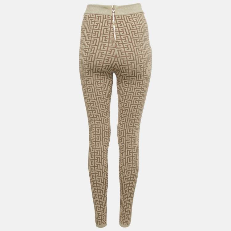Pre Owned   Balmain Brown Monogram Jacquard Lurex Leggings S
