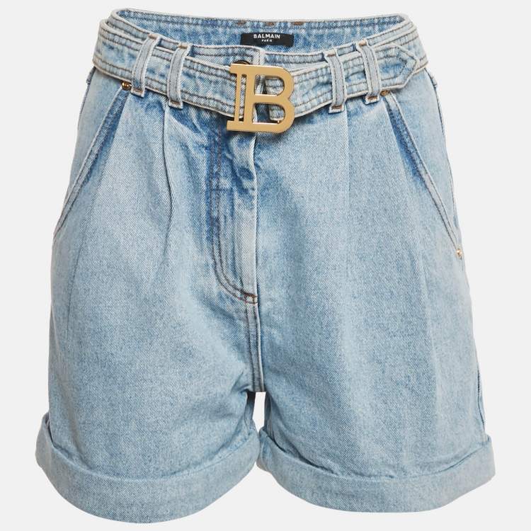 Pre Owned Balmain Blue Logo Detail Belt Denim Short M